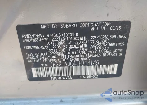 2018 Subaru Crosstrek 2.0I Limited из США, поврежденный, VIN JF2GTAJC4JH314145